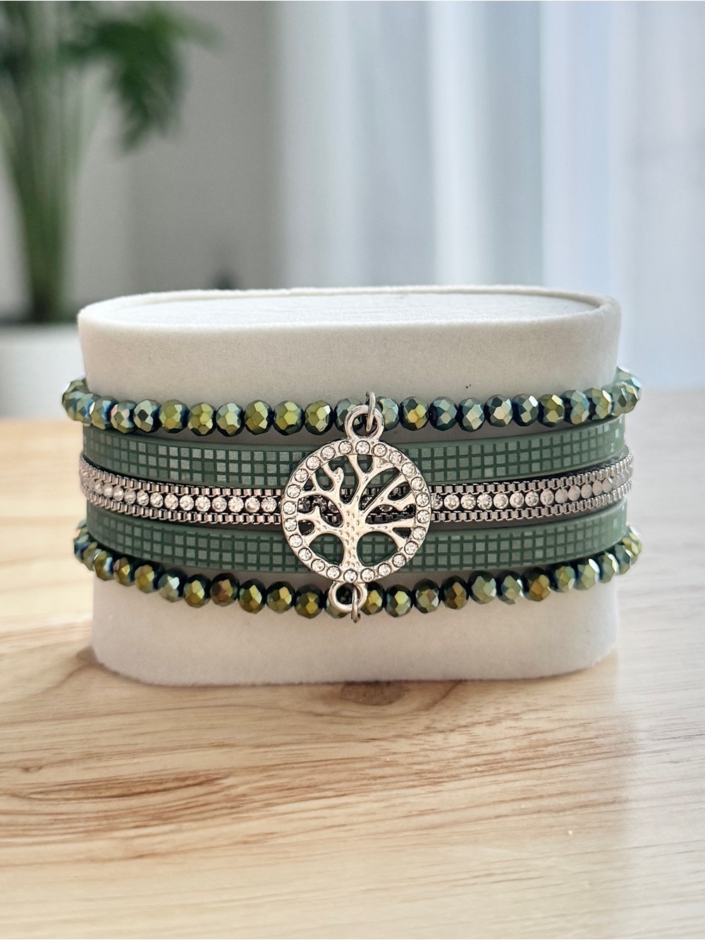 Ryze Party Tree of Life Green Crystal Vegan Leather Wrap Bracelet – 7” New